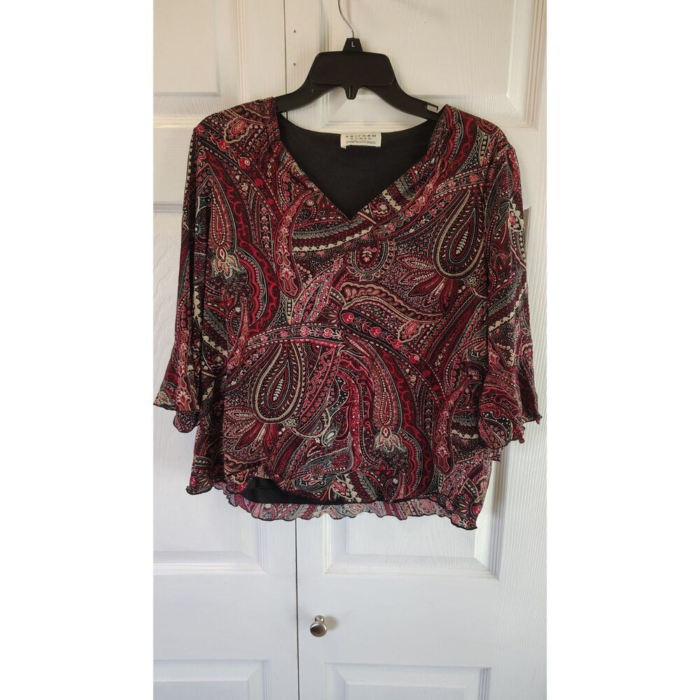 John Paul Richard Red & Black Paisley Mesh Bell-Sleeve Blouse Large